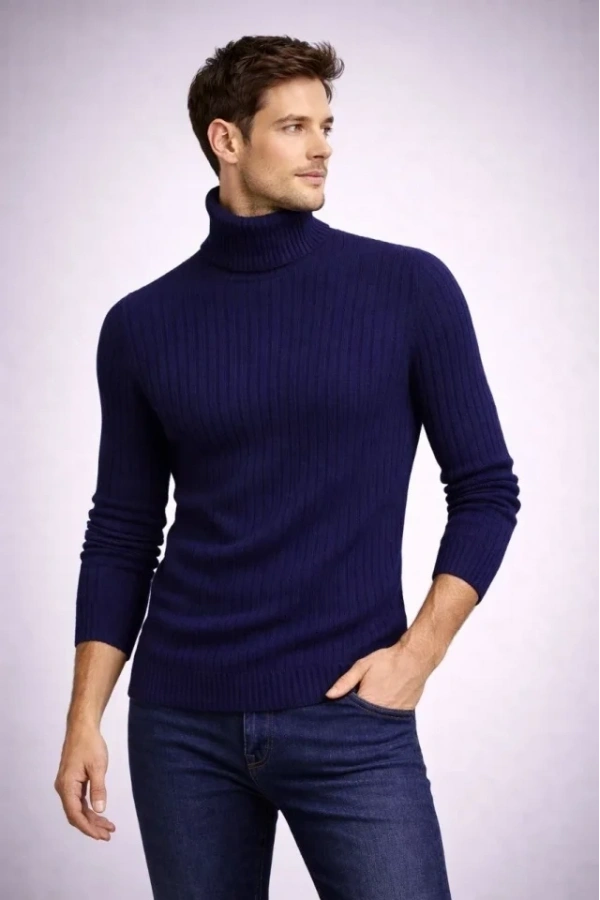 Bidebuvar Erkek Balıkcı Yaka Bağazlı Triko Kazak Pamuklu Kalın Fitilli Dokuma, Regular Fit Uzun Kollu Kışlık Model - Lacivert