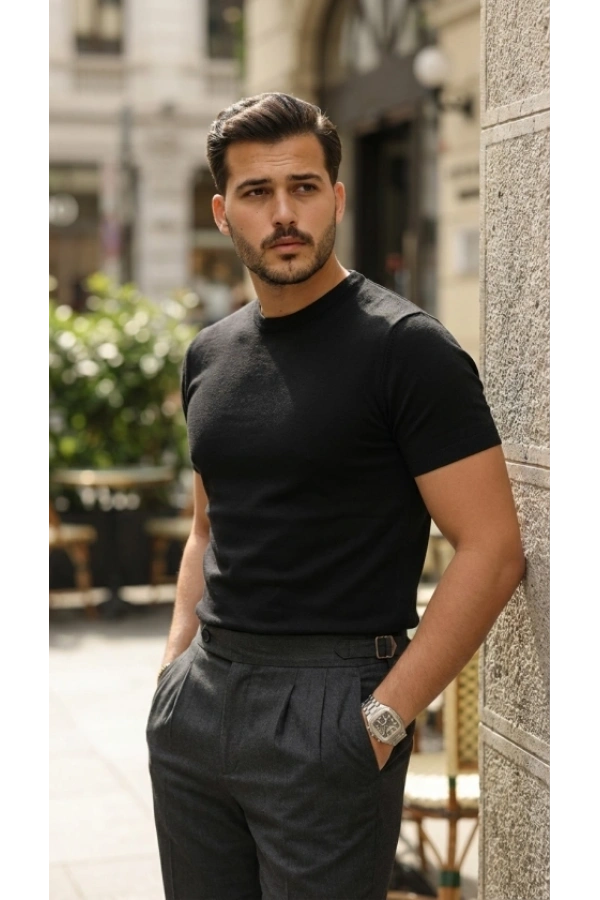 Bidebuvar Erkek Basic Bisiklet Yaka Kısa Kollu Triko Tişört - %100 Pamuk Akrilik