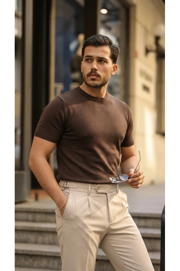 Bidebuvar Erkek Basic Bisiklet Yaka Kısa Kollu Triko Tişört - %100 Pamuk Akrilik