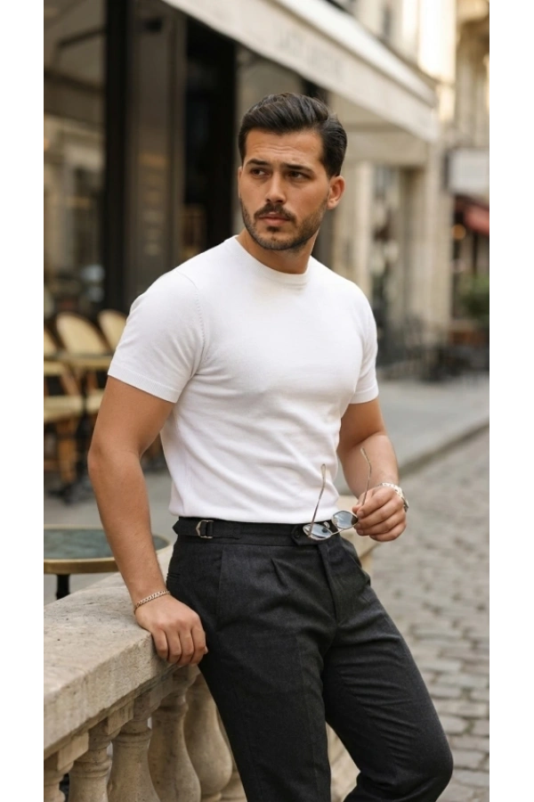 Bidebuvar Erkek Basic Bisiklet Yaka Kısa Kollu Triko Tişört - %100 Pamuk Akrilik