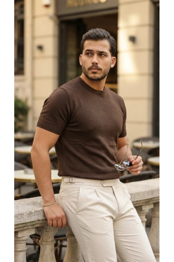 Bidebuvar Erkek Basic Bisiklet Yaka Kısa Kollu Triko Tişört - %100 Pamuk Akrilik