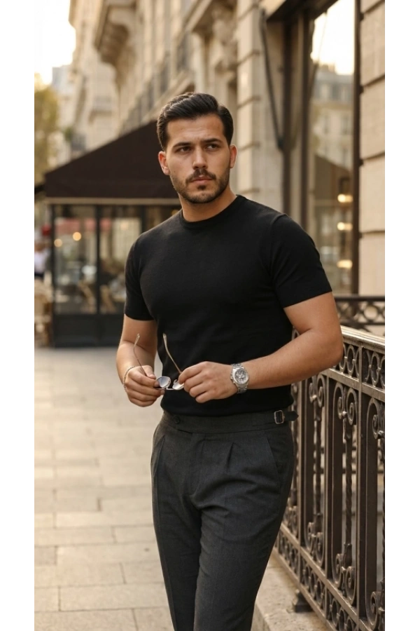 Bidebuvar Erkek Basic Bisiklet Yaka Kısa Kollu Triko Tişört - %100 Pamuk Akrilik