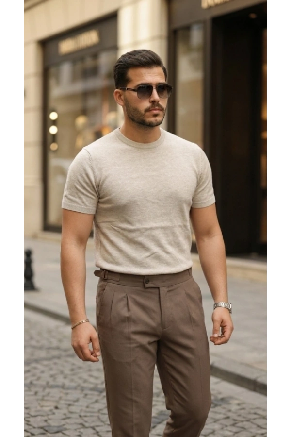 Bidebuvar Erkek Basic Bisiklet Yaka Kısa Kollu Triko Tişört - %100 Pamuk Akrilik