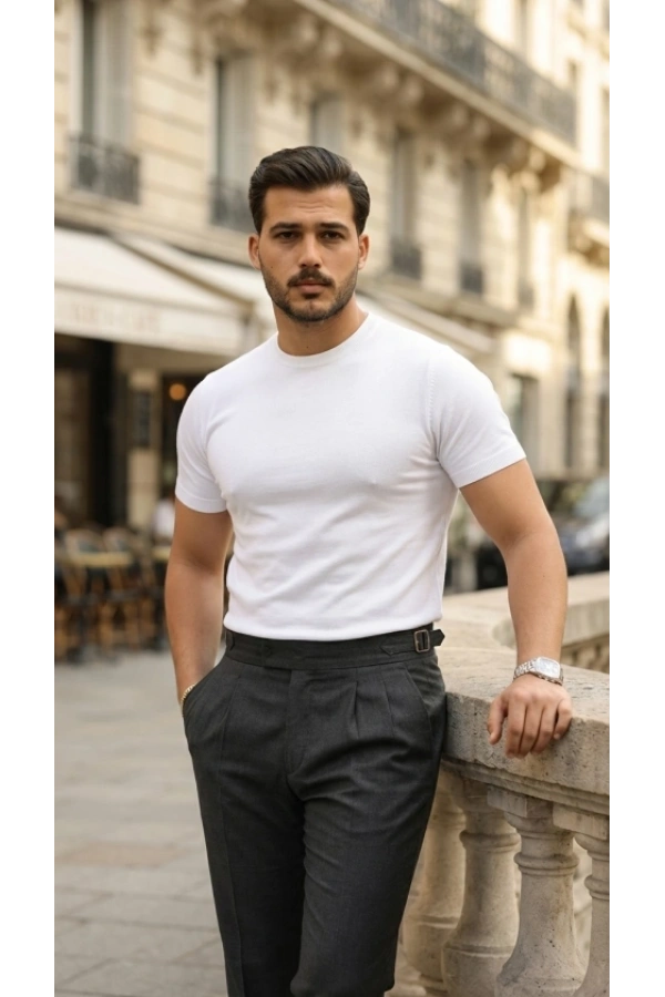 Bidebuvar Erkek Basic Bisiklet Yaka Kısa Kollu Triko Tişört - %100 Pamuk Akrilik