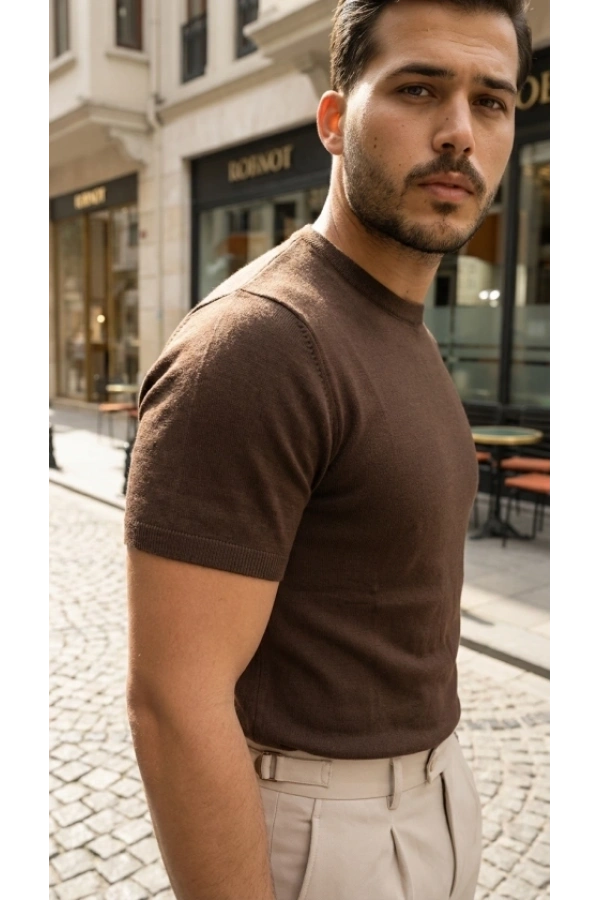 Bidebuvar Erkek Basic Bisiklet Yaka Kısa Kollu Triko Tişört - %100 Pamuk Akrilik