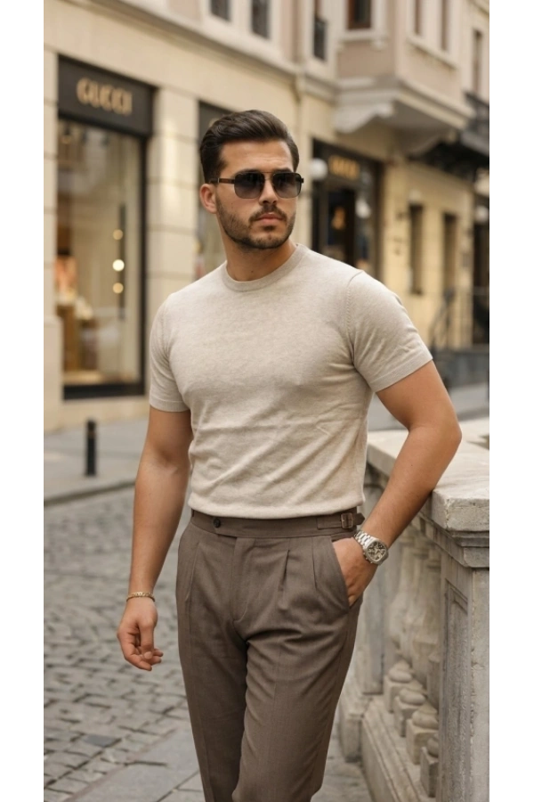 Bidebuvar Erkek Basic Bisiklet Yaka Kısa Kollu Triko Tişört - %100 Pamuk Akrilik