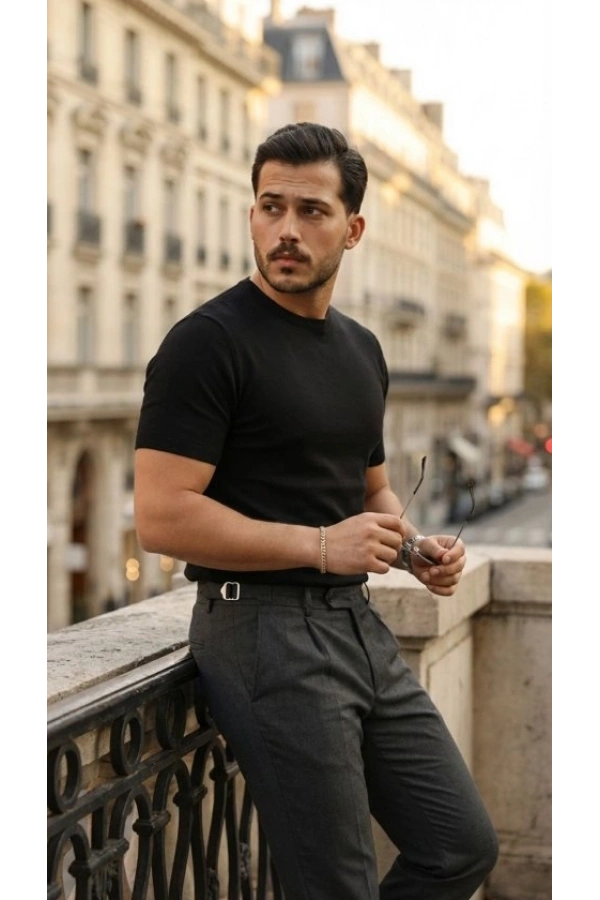 Bidebuvar Erkek Basic Bisiklet Yaka Kısa Kollu Triko Tişört - %100 Pamuk Akrilik