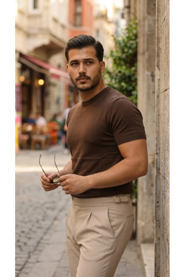 Bidebuvar Erkek Basic Bisiklet Yaka Kısa Kollu Triko Tişört - %100 Pamuk Akrilik