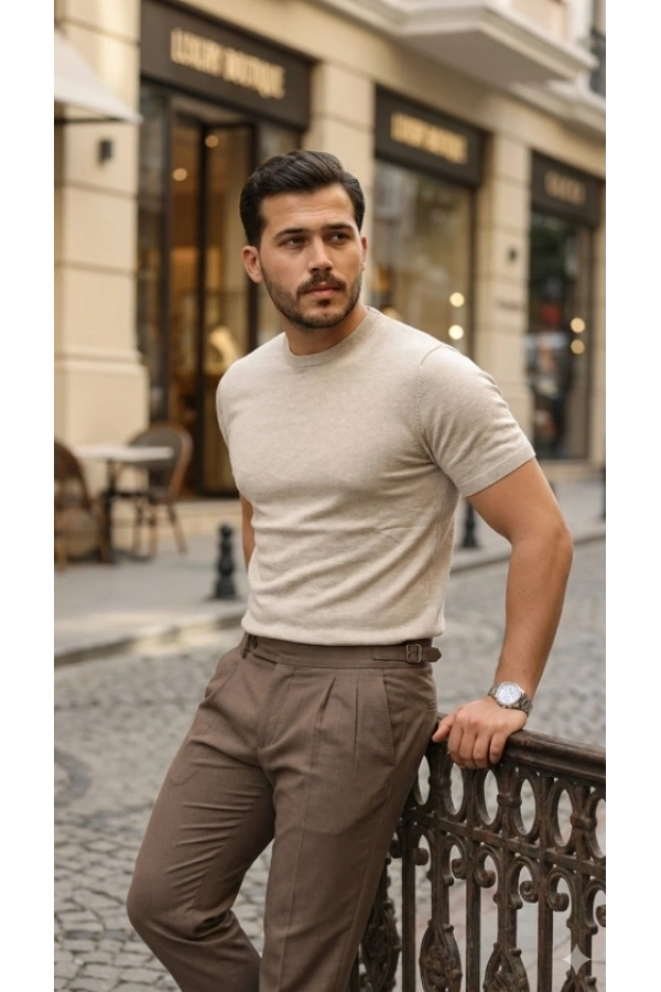 Bidebuvar Erkek Basic Bisiklet Yaka Kısa Kollu Triko Tişört - %100 Pamuk Akrilik