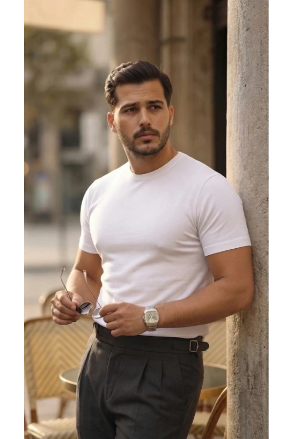 Bidebuvar Erkek Basic Bisiklet Yaka Kısa Kollu Triko Tişört - %100 Pamuk Akrilik