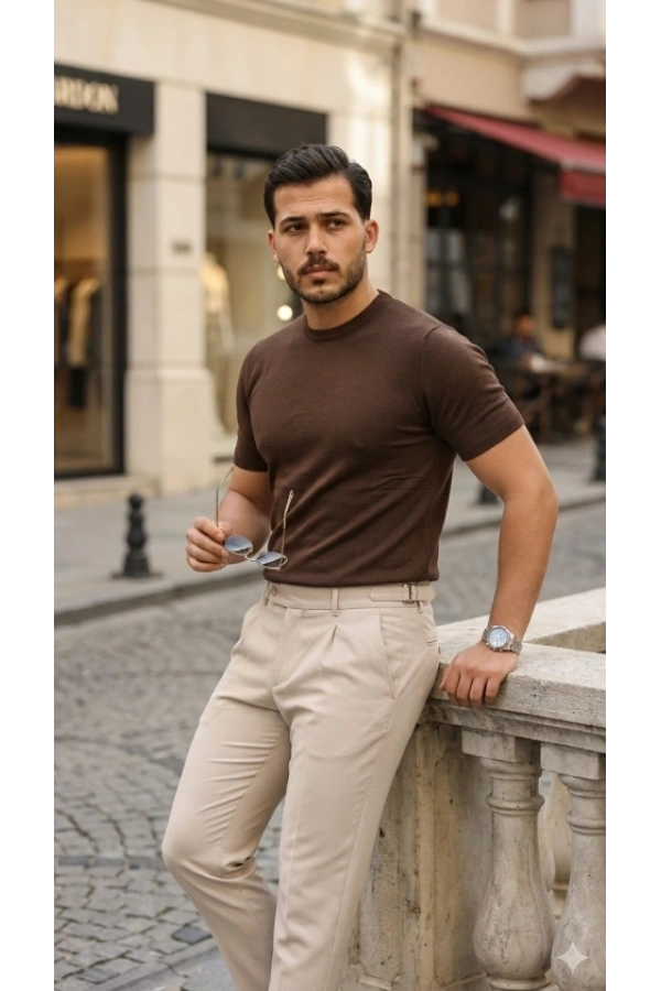 Bidebuvar Erkek Basic Bisiklet Yaka Kısa Kollu Triko Tişört - %100 Pamuk Akrilik