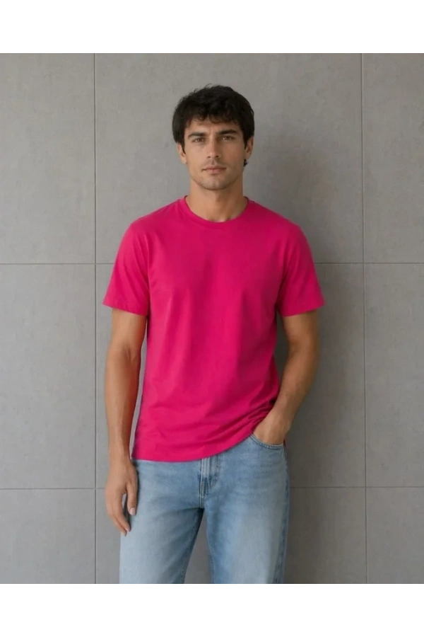 Bidebuvar Erkek Basic Pamuklu Tişört Bisiklet Yaka Düz Renk Regular Fit T-Shirt - Fuşya