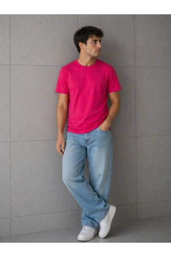 Bidebuvar Erkek Basic Pamuklu Tişört Bisiklet Yaka Düz Renk Regular Fit T-Shirt - Fuşya