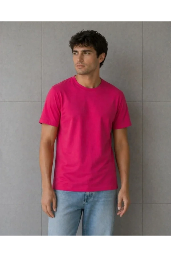Bidebuvar Erkek Basic Pamuklu Tişört Bisiklet Yaka Düz Renk Regular Fit T-Shirt - Fuşya