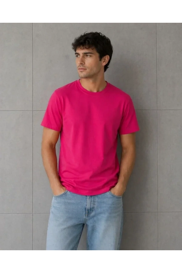 Bidebuvar Erkek Basic Pamuklu Tişört Bisiklet Yaka Düz Renk Regular Fit T-Shirt - Fuşya
