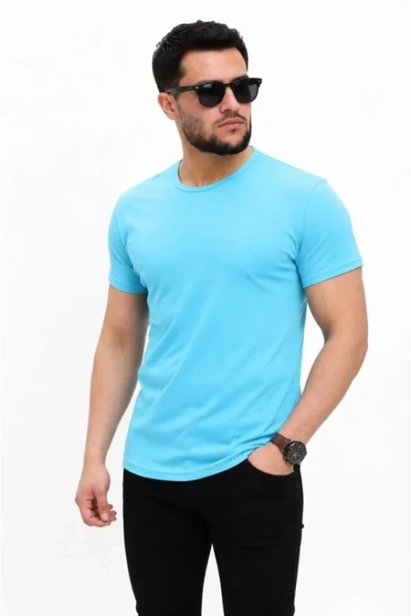 Bidebuvar Erkek Basic Tişört Bisiklet Yaka Kısa Kol Günlük Yazlık Slim Fit T-Shirt - Açık Mavi