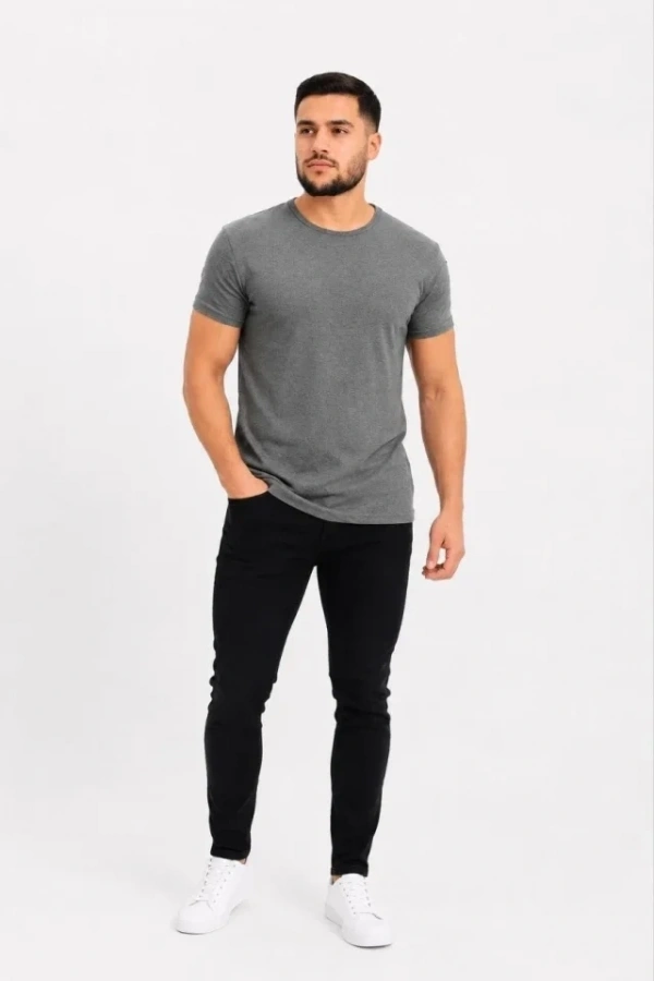 Bidebuvar Erkek Basic Tişört Bisiklet Yaka Kısa Kol Günlük Yazlık Slim Fit T-Shirt - Antrasit