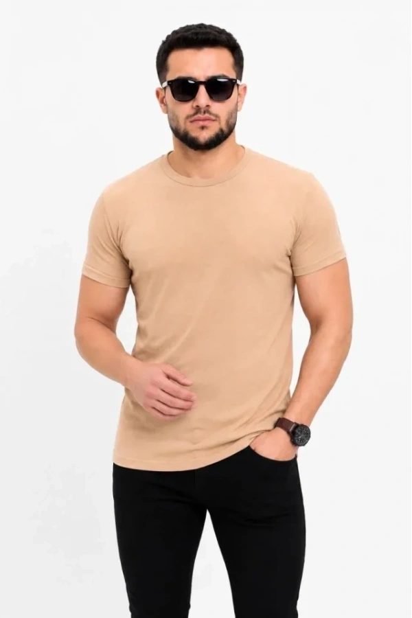 Bidebuvar Erkek Basic Tişört Bisiklet Yaka Kısa Kol Günlük Yazlık Slim Fit T-Shirt - Bej