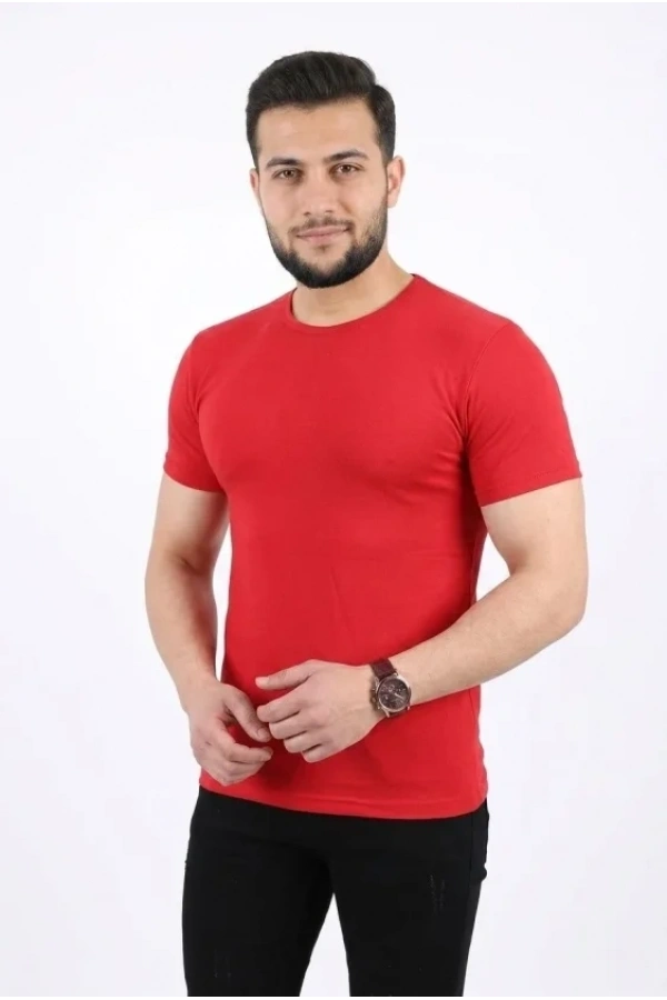 Bidebuvar Erkek Basic Tişört Bisiklet Yaka Kısa Kol Günlük Yazlık Slim Fit T-Shirt - Kırmızı
