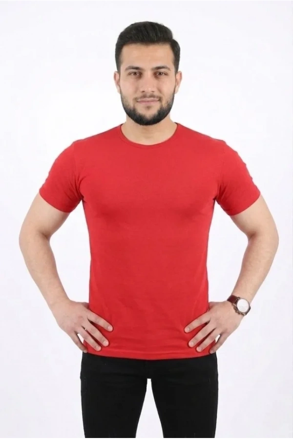Bidebuvar Erkek Basic Tişört Bisiklet Yaka Kısa Kol Günlük Yazlık Slim Fit T-Shirt - Kırmızı