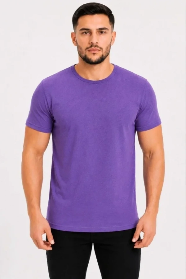 Bidebuvar Erkek Basic Tişört Bisiklet Yaka Kısa Kol Günlük Yazlık Slim Fit T-Shirt - Mor