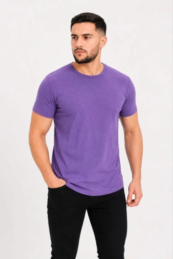 Bidebuvar Erkek Basic Tişört Bisiklet Yaka Kısa Kol Günlük Yazlık Slim Fit T-Shirt - Mor