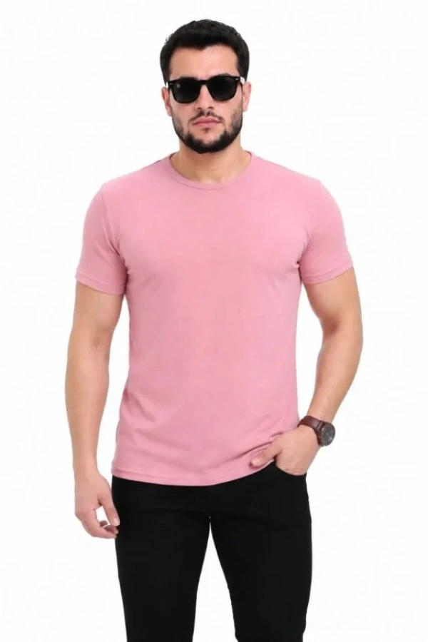 Bidebuvar Erkek Basic Tişört Bisiklet Yaka Kısa Kol Günlük Yazlık Slim Fit T-Shirt - Pembe