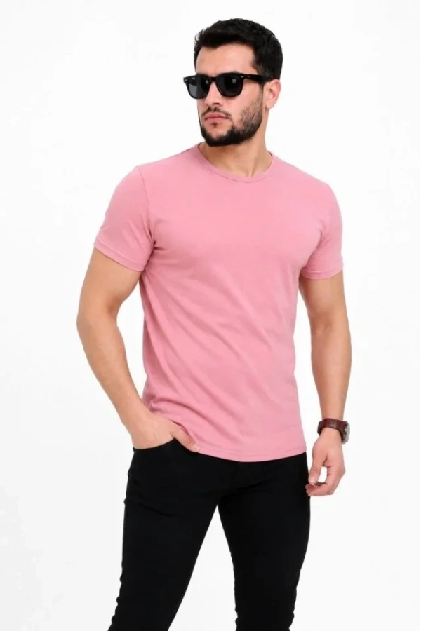Bidebuvar Erkek Basic Tişört Bisiklet Yaka Kısa Kol Günlük Yazlık Slim Fit T-Shirt - Pembe