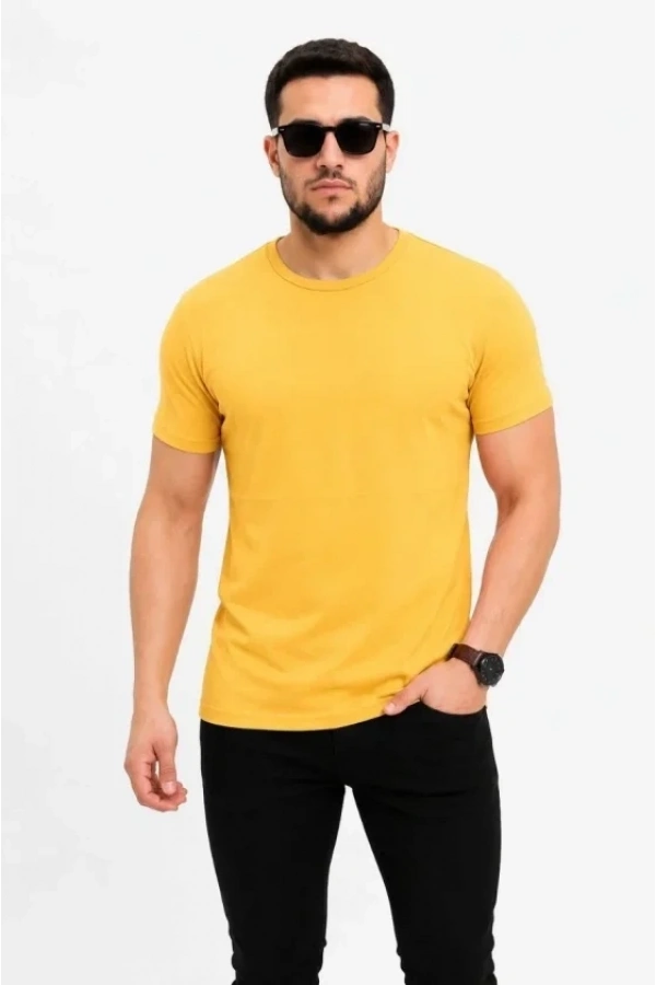 Bidebuvar Erkek Basic Tişört Bisiklet Yaka Kısa Kol Günlük Yazlık Slim Fit T-Shirt - Sarı