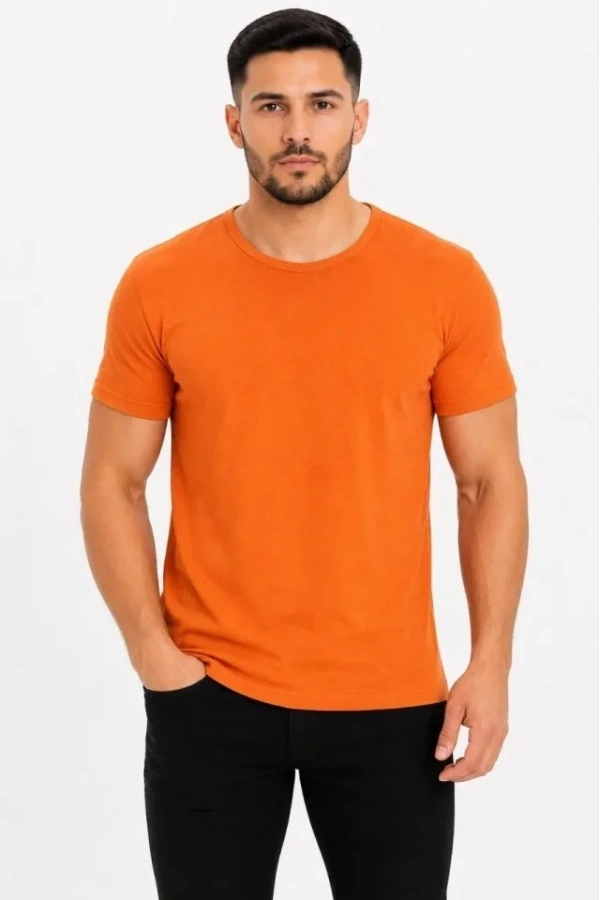 Bidebuvar Erkek Basic Tişört Bisiklet Yaka Kısa Kol Günlük Yazlık Slim Fit T-Shirt - Turuncu