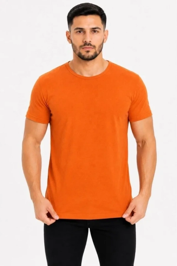 Bidebuvar Erkek Basic Tişört Bisiklet Yaka Kısa Kol Günlük Yazlık Slim Fit T-Shirt - Turuncu