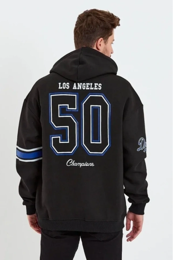 Bidebuvar Erkek Baskılı Kapşonlu Üç Iplik Oversize Sweatshirt - Siyah