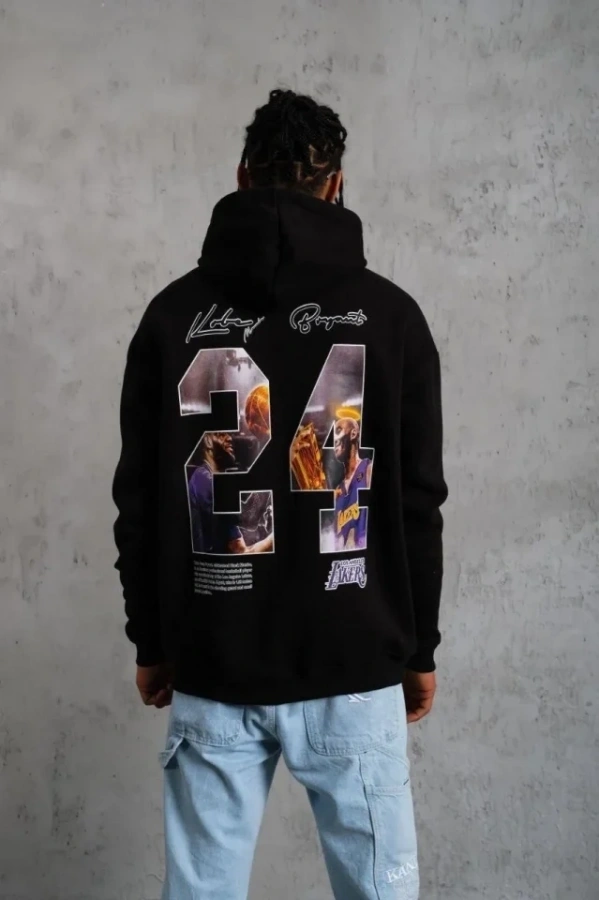 Bidebuvar Erkek Baskılı Oversize Üç İplik Kapüşonlu Sweatshirt - Siyah