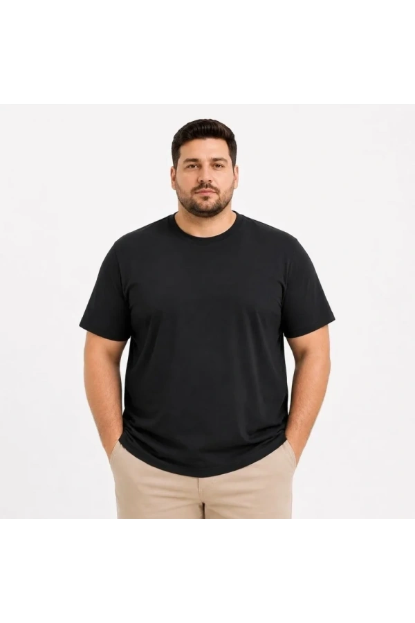Bidebuvar Erkek Battal Big Size Basic Tişört Bisiklet Yaka Rahat Kalıp T-Shirt - Siyah