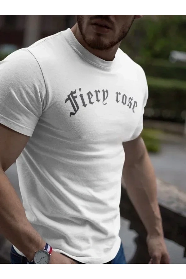 Bidebuvar Erkek Bisiklet Yaka Baskılı Oversize T-Shirt - Beyaz