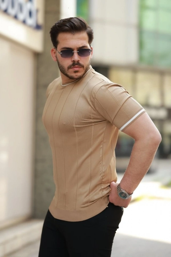 Bidebuvar Erkek Bisiklet Yaka çizgi Desenli Ribanalı Kısa Kollu Tshirt