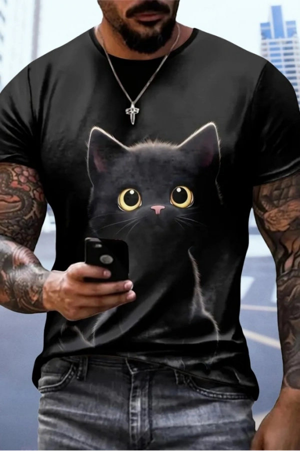 Bidebuvar Erkek Bisiklet Yaka Kedi Baskılı Süprem T-shirt