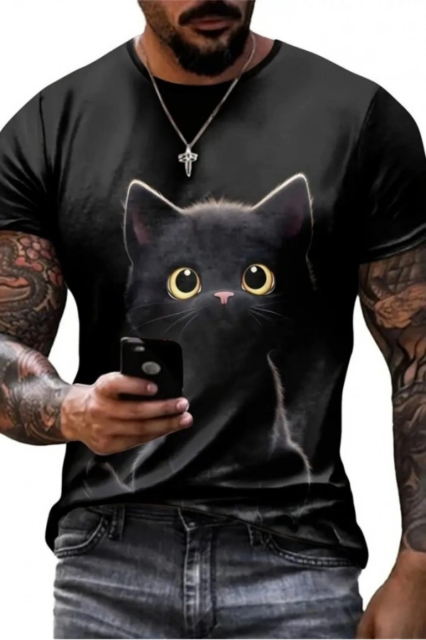 Bidebuvar Erkek Bisiklet Yaka Kedi Baskılı Süprem T-shirt