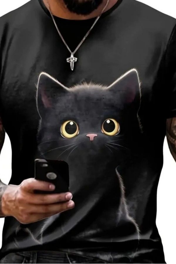 Bidebuvar Erkek Bisiklet Yaka Kedi Baskılı Süprem T-shirt