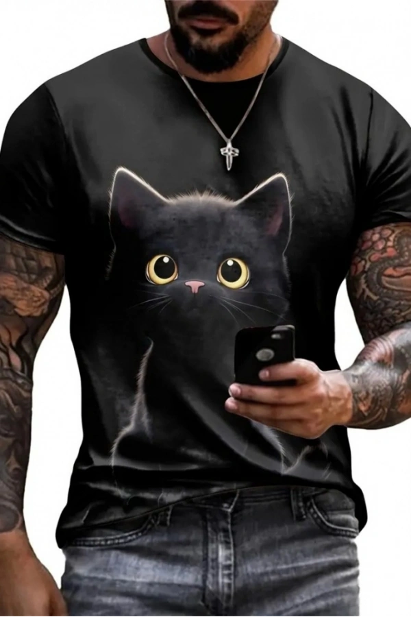 Bidebuvar Erkek Bisiklet Yaka Kedi Baskılı Süprem T-shirt