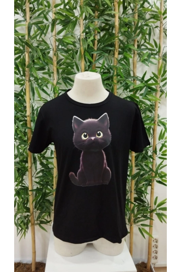 Bidebuvar Erkek Bisiklet Yaka Kedi Baskılı Süprem T-shirt