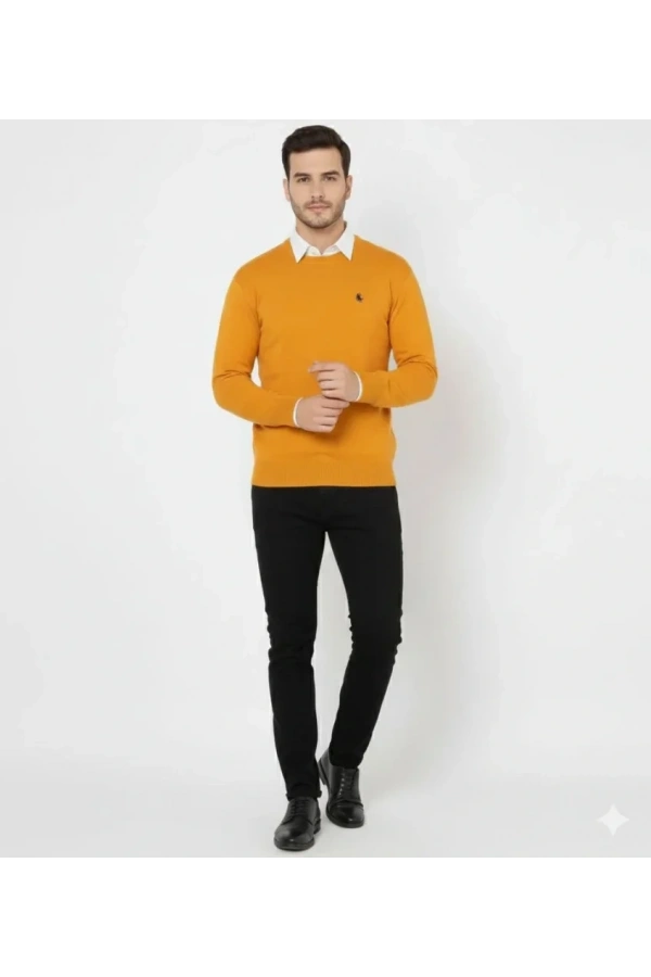 Bidebuvar Erkek Bisiklet Yaka Nakış Işlemeli Triko Kazak Yumuşak Dokulu Pamuklu Ince Dokuma, Uzun Kollu Rahat Regular Kalıp - Turuncu