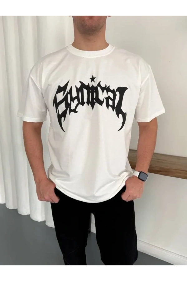 Bidebuvar Erkek Bisiklet Yaka Ön Baskılı Kısa Kollu Tişört Streetwear Günlük Basic Pamuklu T-shirt - Beyaz