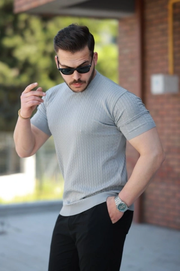 Bidebuvar Erkek Bisiklet Yaka örgü Desenli Kısa örme Triko Kısa Kollu T-shirt