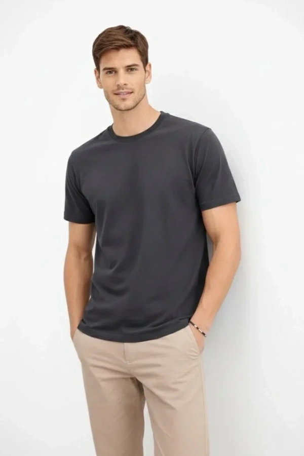 Bidebuvar Erkek Bisiklet Yaka Tişört Regular Kalıp Basic Pamuklu Günlük Kullanım T-shirt - Füme