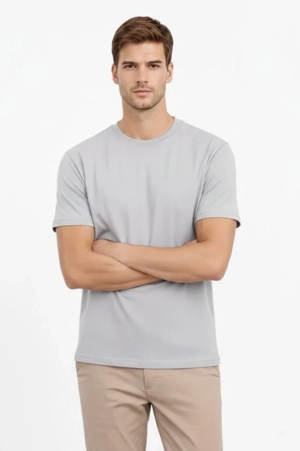 Bidebuvar Erkek Bisiklet Yaka Tişört Regular Kalıp Basic Pamuklu Günlük Kullanım T-shirt - Gri