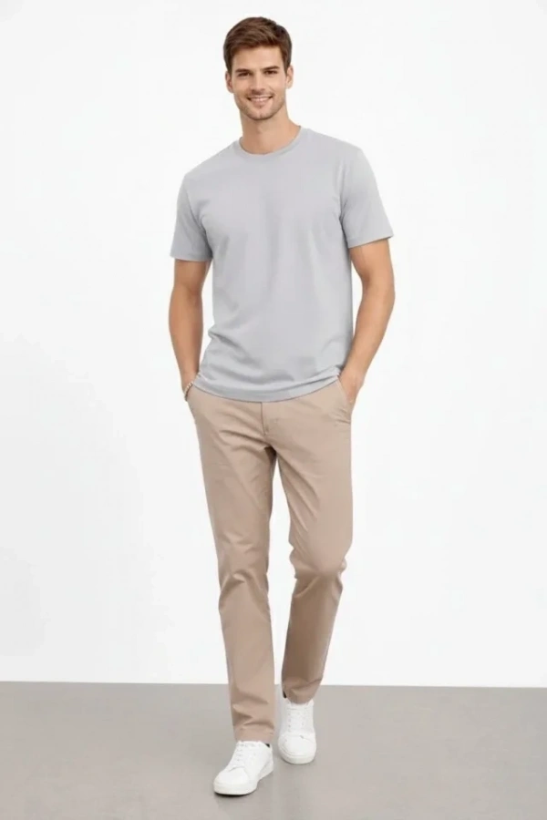 Bidebuvar Erkek Bisiklet Yaka Tişört Regular Kalıp Basic Pamuklu Günlük Kullanım T-shirt - Gri