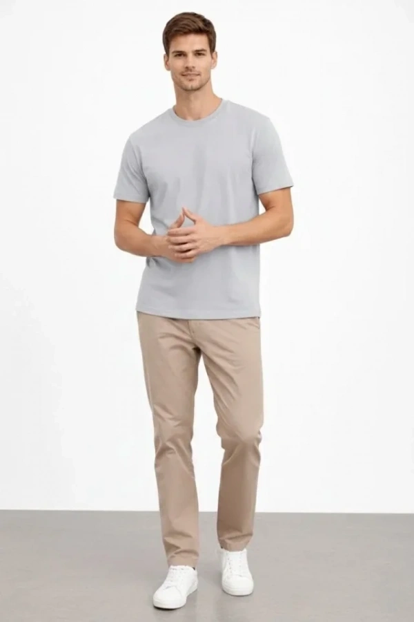 Bidebuvar Erkek Bisiklet Yaka Tişört Regular Kalıp Basic Pamuklu Günlük Kullanım T-shirt - Gri