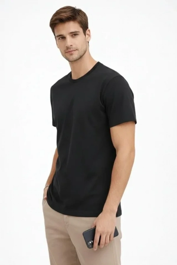 Bidebuvar Erkek Bisiklet Yaka Tişört Regular Kalıp Basic Pamuklu Günlük Kullanım T-shirt - Siyah