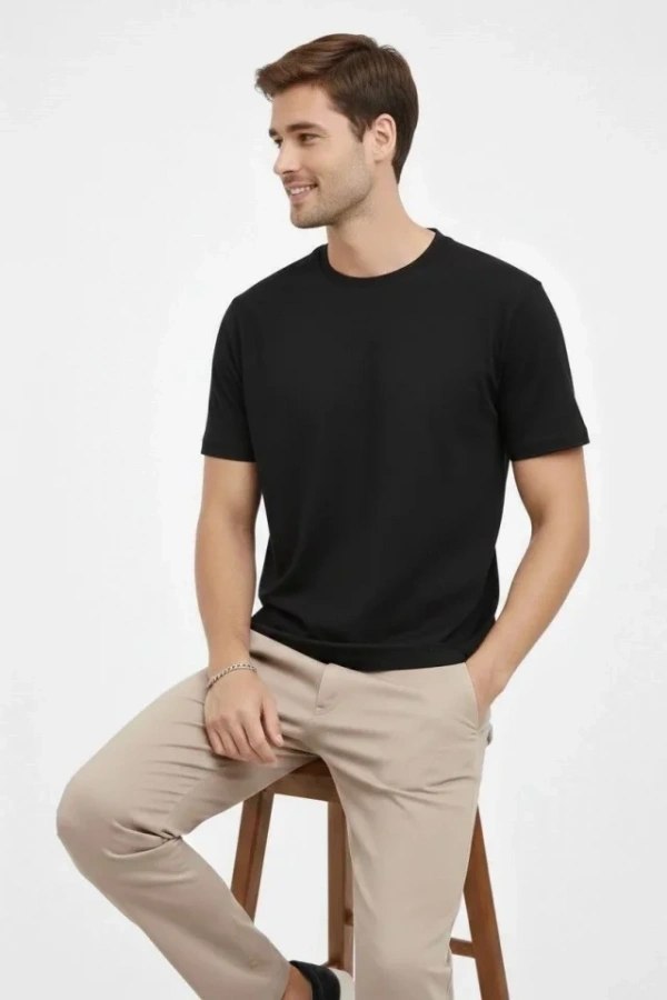 Bidebuvar Erkek Bisiklet Yaka Tişört Regular Kalıp Basic Pamuklu Günlük Kullanım T-shirt - Siyah